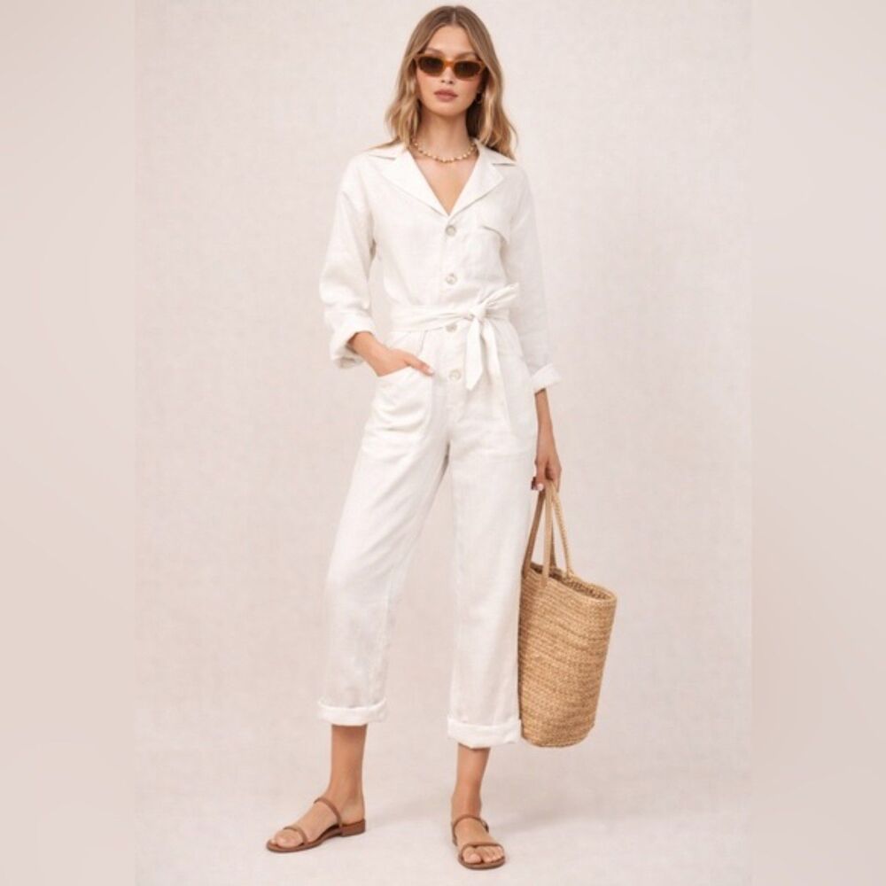 Reformation Cade Linen Jumpsuit White Button Front Lagenlook Minimalist Size XS